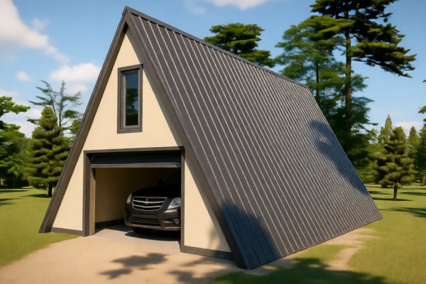 Гараж в стиле A-frame из сэндвич-панелей 12х6м.